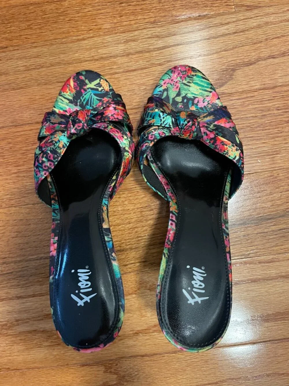 Y2K Fioni Tropical Floral Satin Kitten Heels Knot Peep Toe Slip On Mules Size 8
